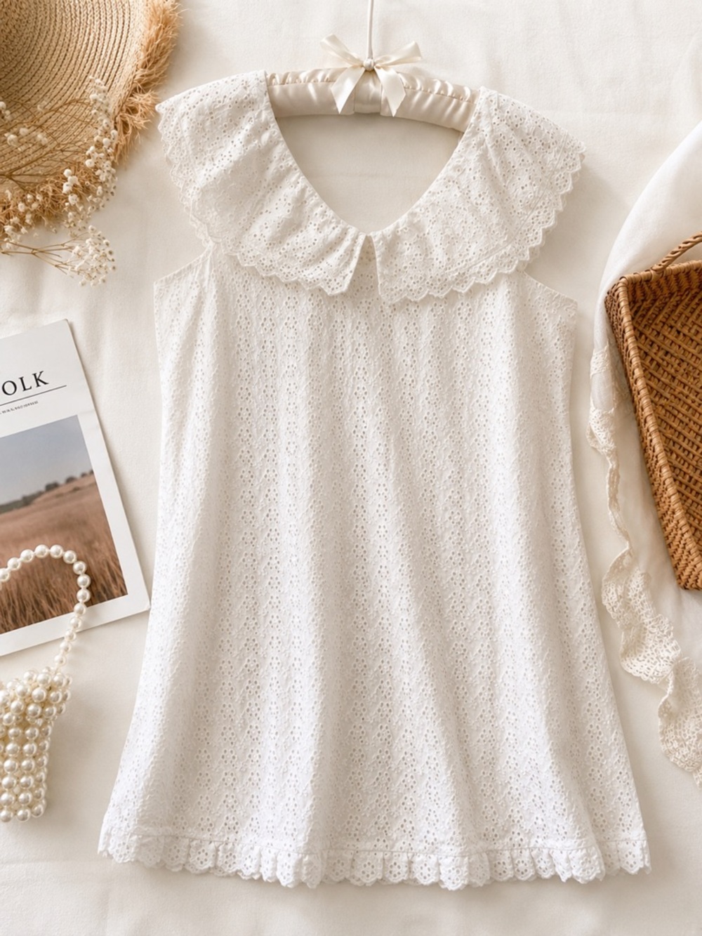 Hatley White Eyelet Mini Dress Flutter Collar Organic Cotton Size L